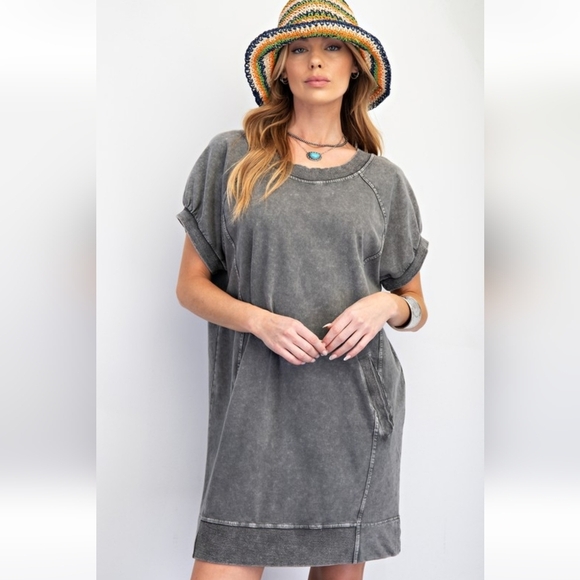 New Easel Gray Mineral Washed Terry Knit Dress - Picture 1 of 7